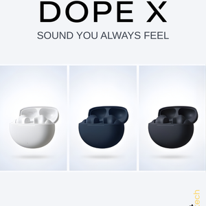 Wireless earbuds with 'Dope X' branding and 'realfit tech' logo on a white background.