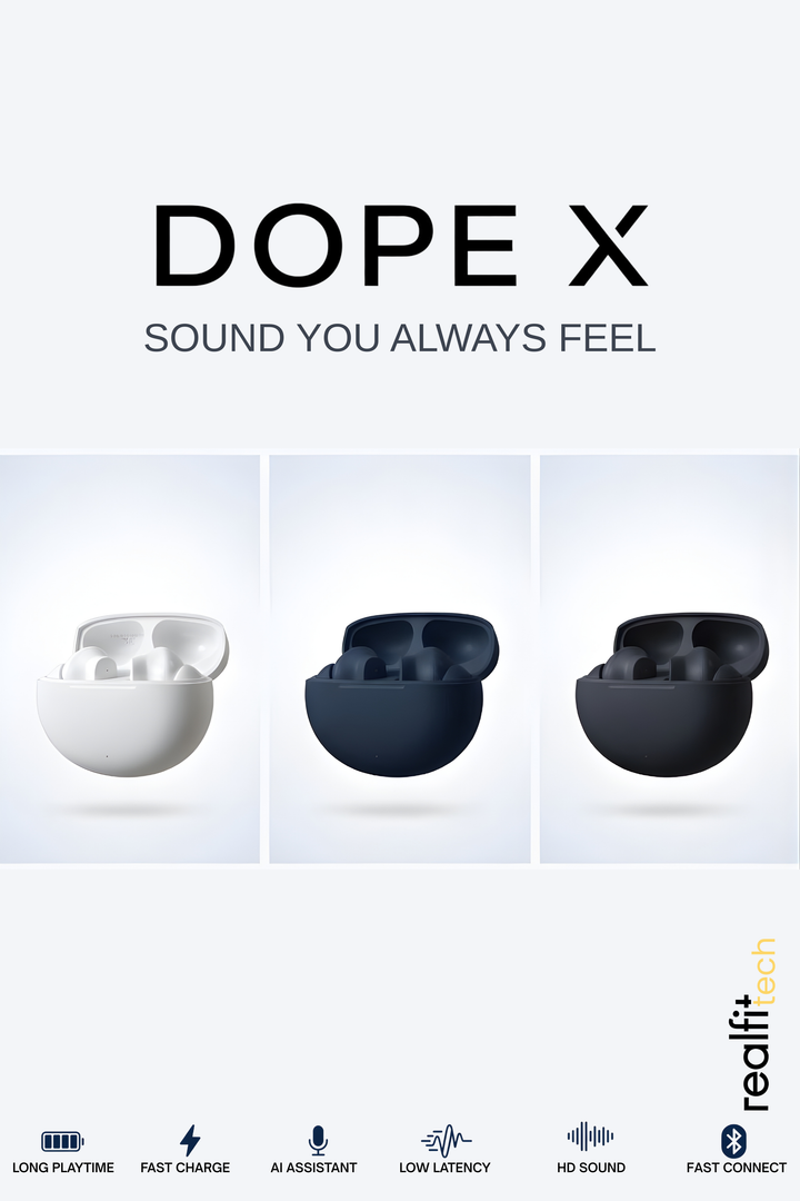 Wireless earbuds with 'Dope X' branding and 'realfit tech' logo on a white background.