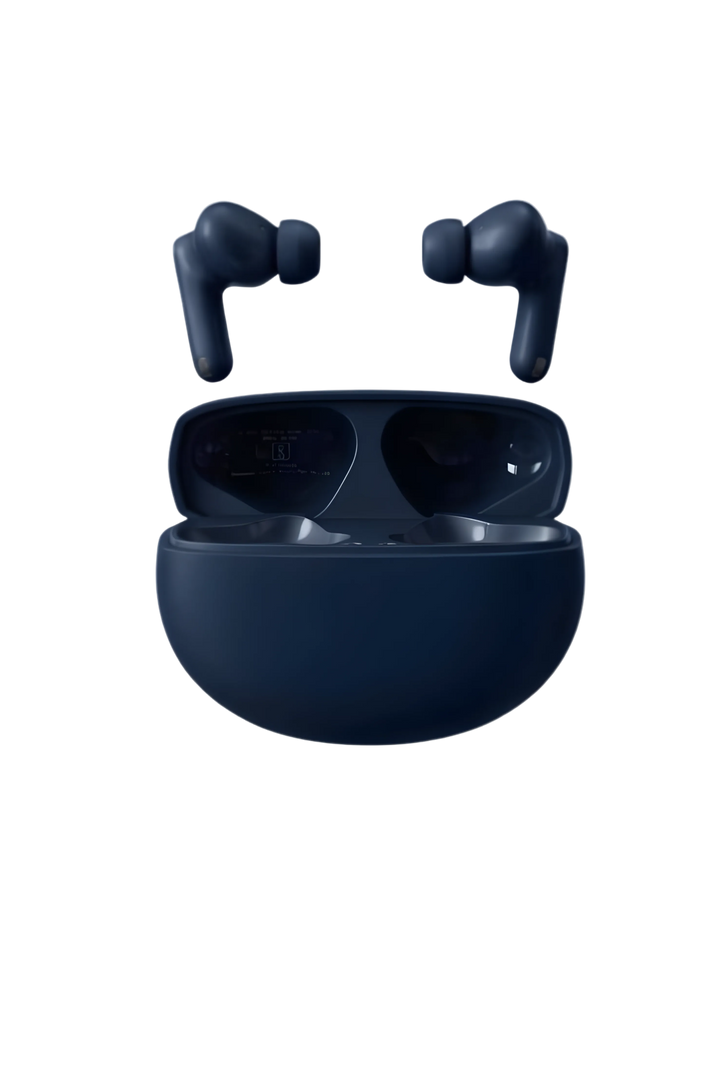 Blue wireless earbuds with charging case on a white background, featuring the brand 'Dope X'.