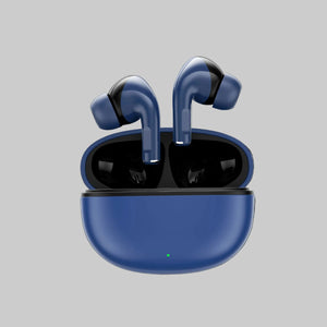 Blue wireless earbuds in a charging case on a white background